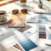 Business owner reviewing brand identity design services including logo, color palette, and typography guidelines on a desk