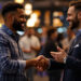 Two professionals shaking hands during a networking conversation, illustrating elevator pitch examples in action