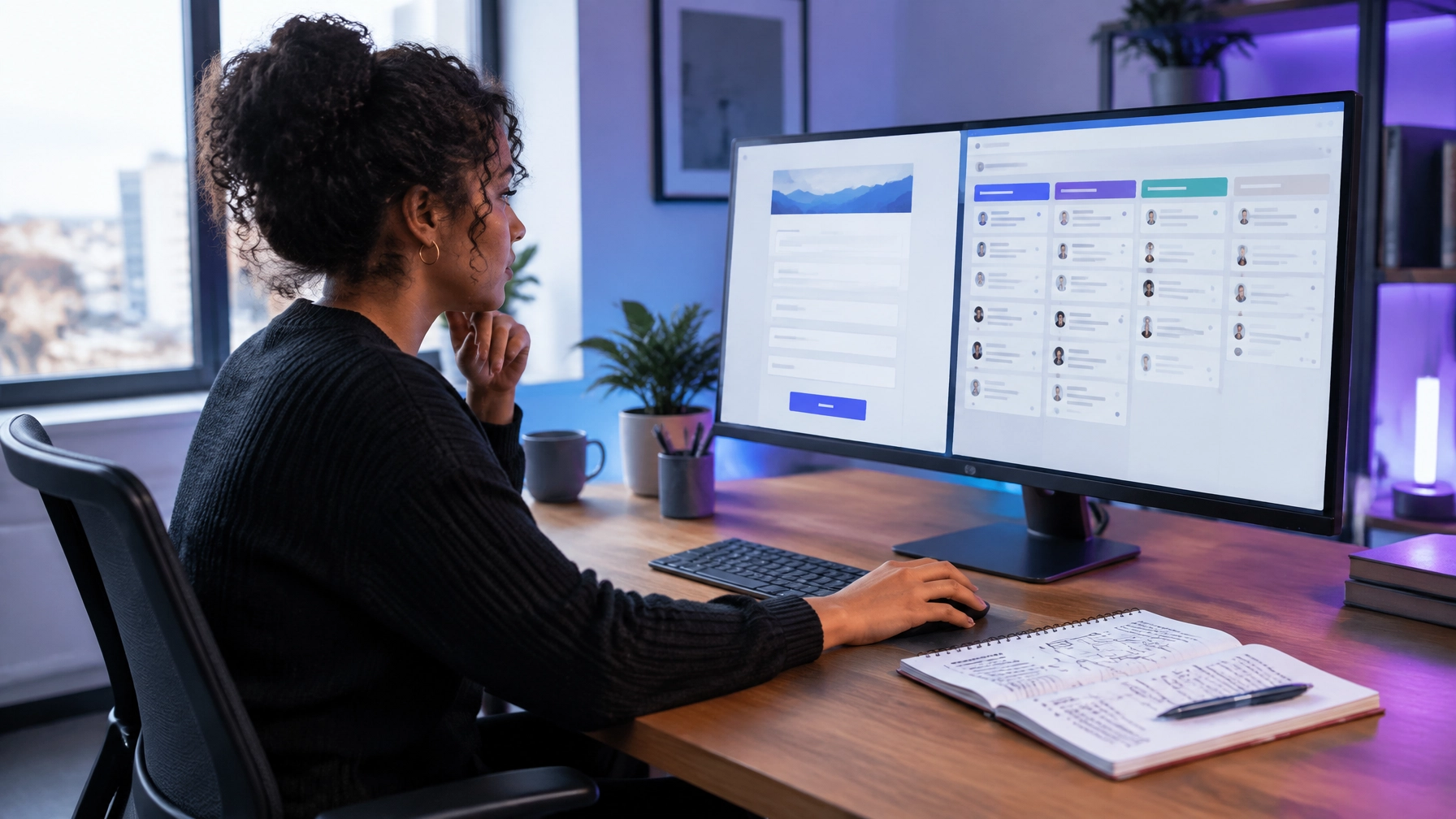Marketer reviewing a lead capture form and CRM pipeline in a modern workspace
