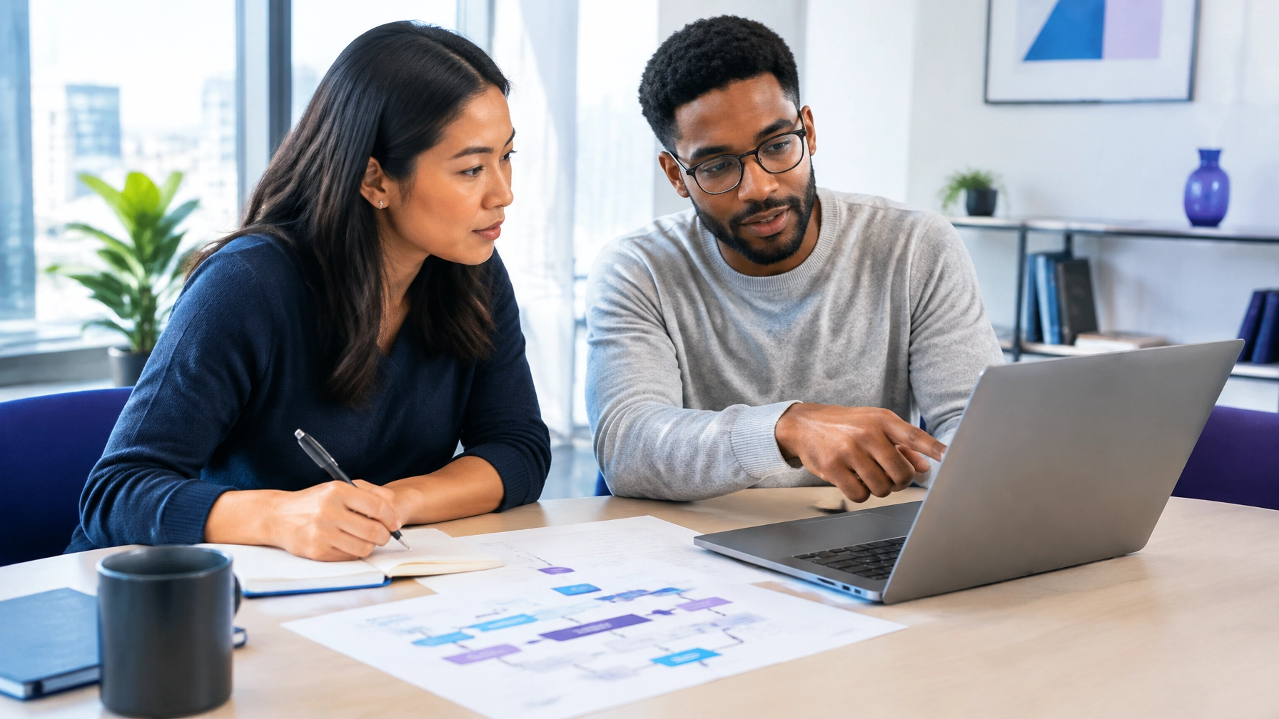 Two colleagues reviewing a marketing handoff workflow together