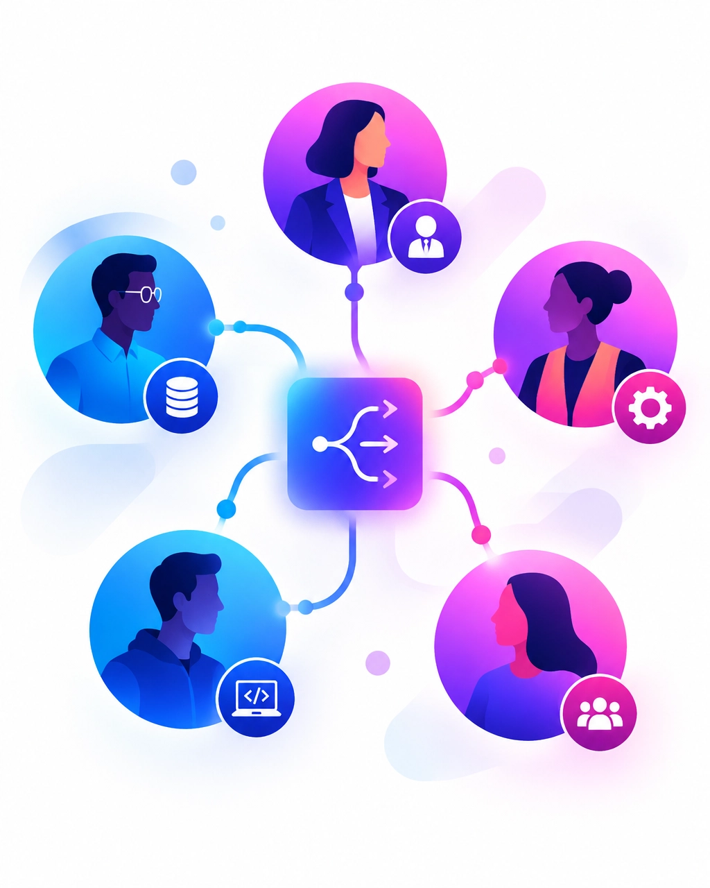 Connected B2B buying committee with multiple stakeholders around a central decision path