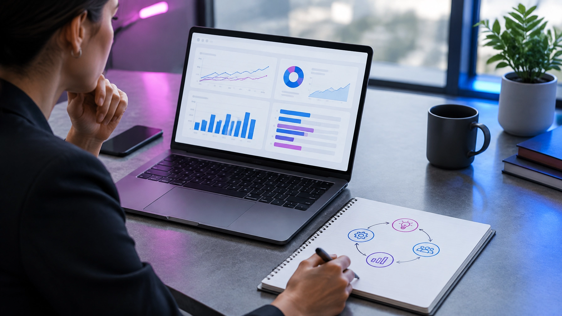 Strategist analyzing a performance dashboard and feedback loop on a laptop