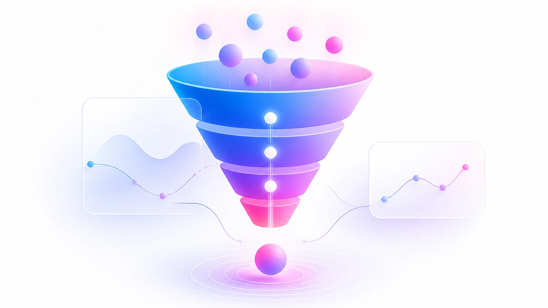 Original illustration of a refined conversion funnel with visitors moving through connected stages toward qualified lead outcomes