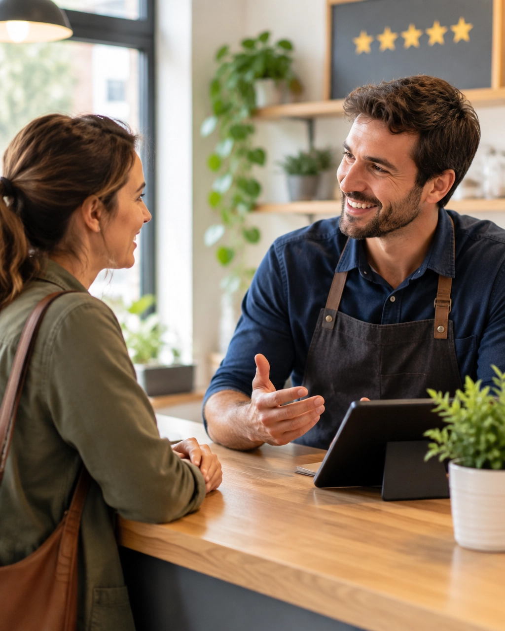 Customer and local service professional having a genuine conversation at a welcoming business counter