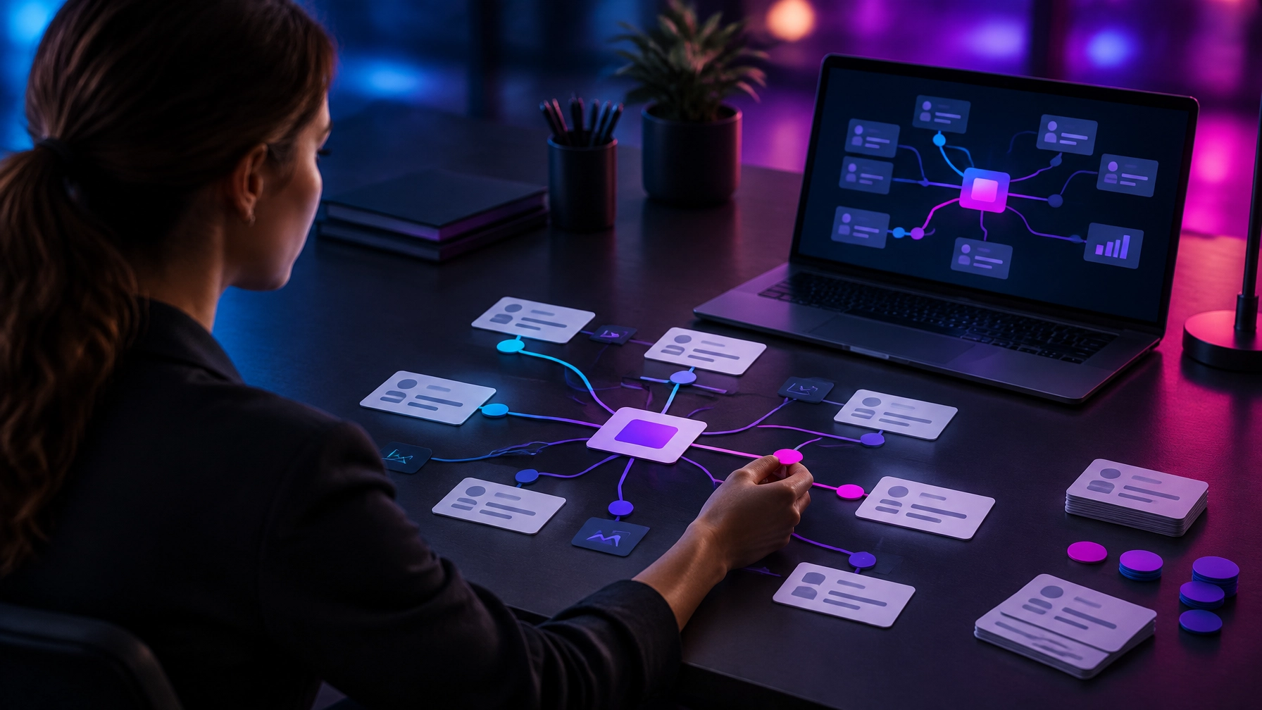 Strategist organizing an abstract marketing workflow at a desk in a dark, gradient-lit office