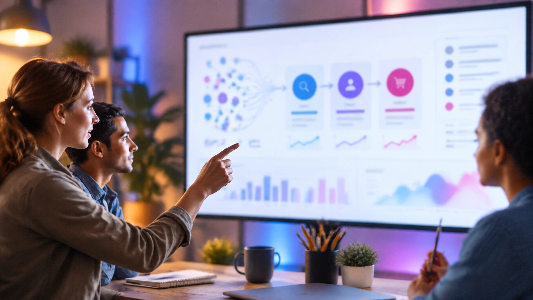 Marketing team reviewing connected search and content strategy pathways on a large display