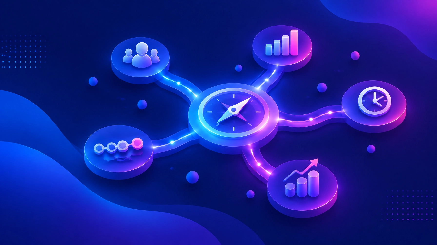 Original illustration of an analytics hub connected to qualified leads, stage conversion, response time, pipeline value, and closed revenue