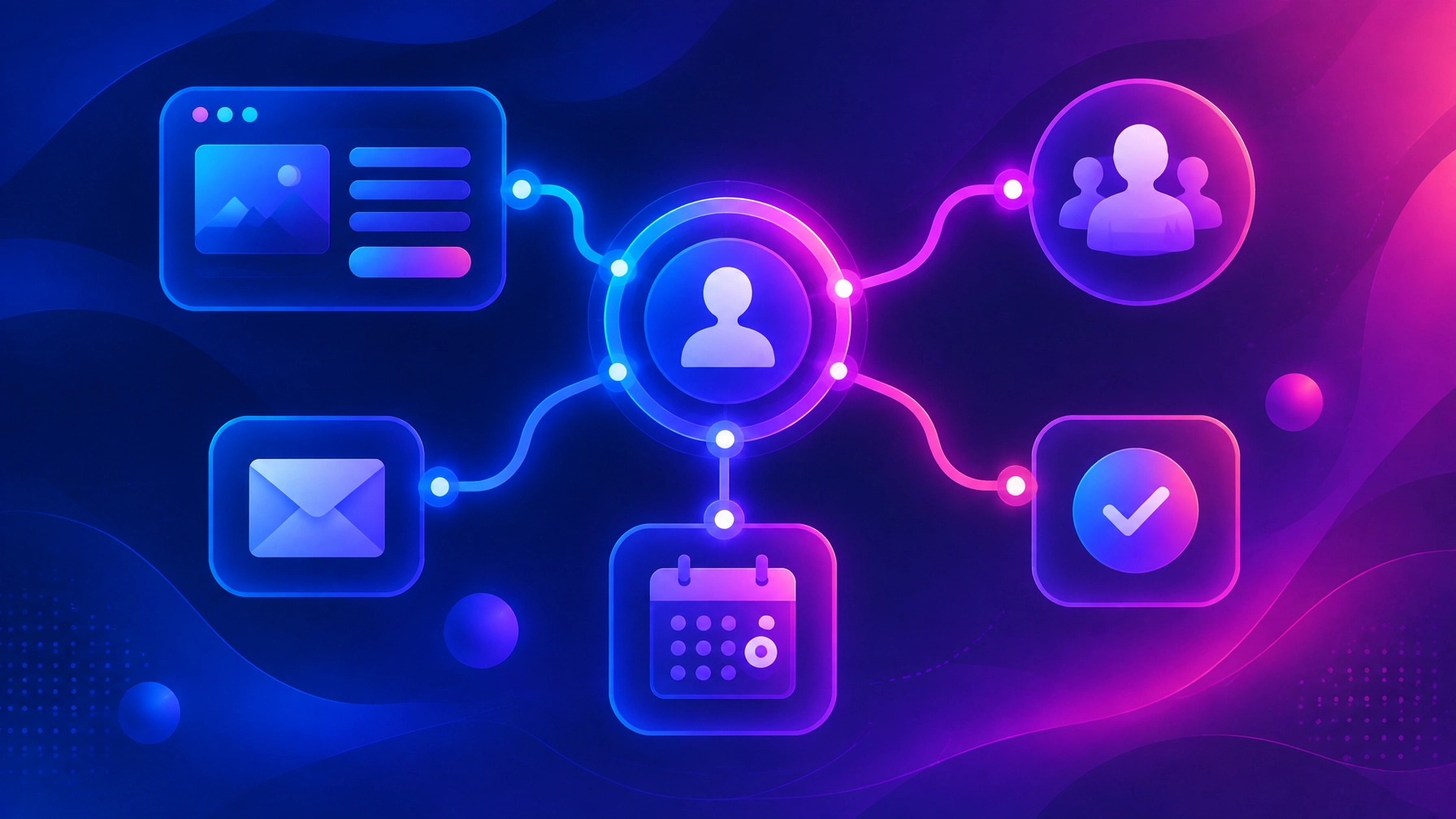 Original illustration of a CRM hub connecting website forms, assigned ownership, automated email, meetings, and follow-up tasks