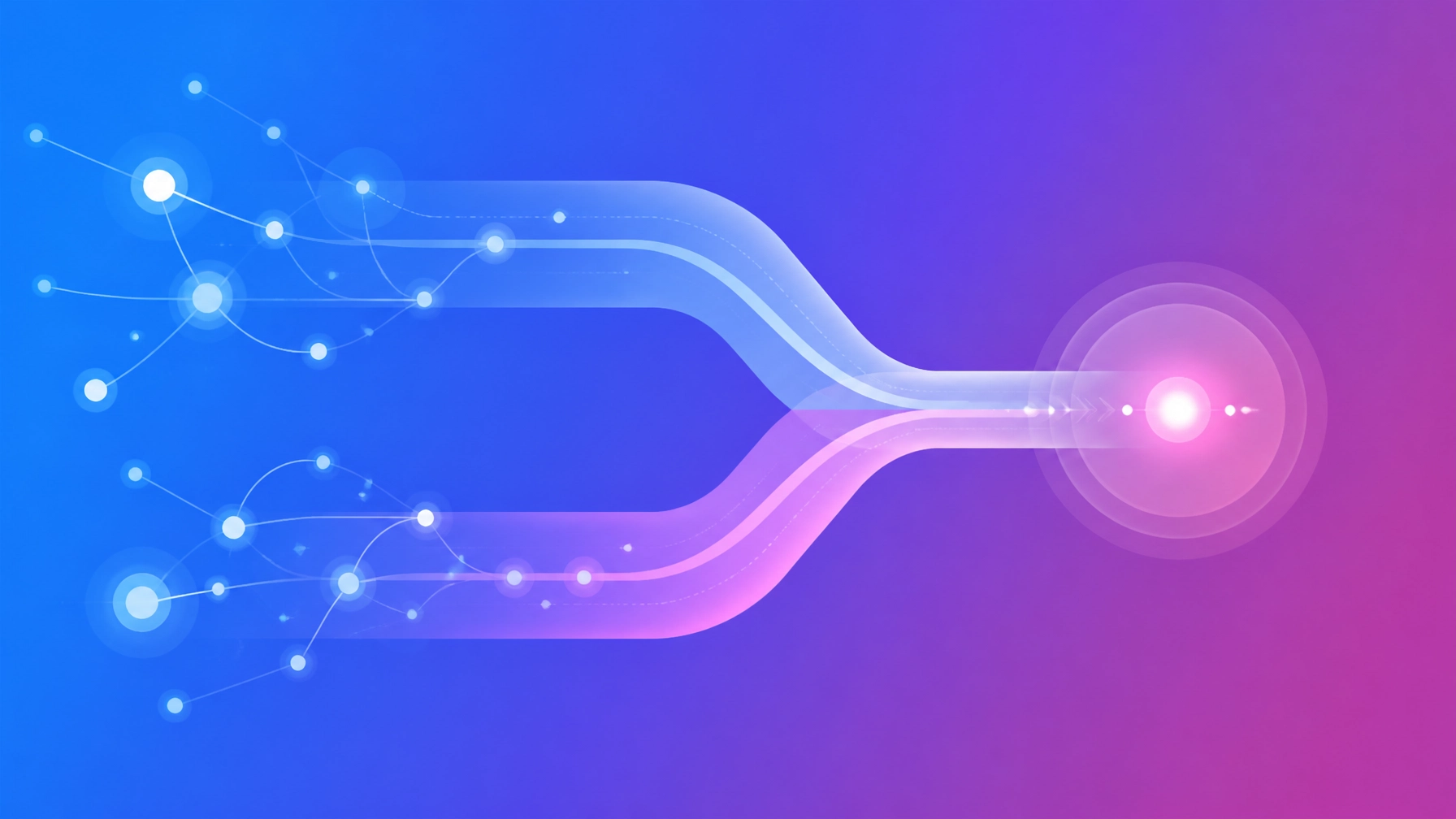 Minimalist illustration showing two connected pathways: search discovery expanding outward and conversion narrowing toward a clear destination