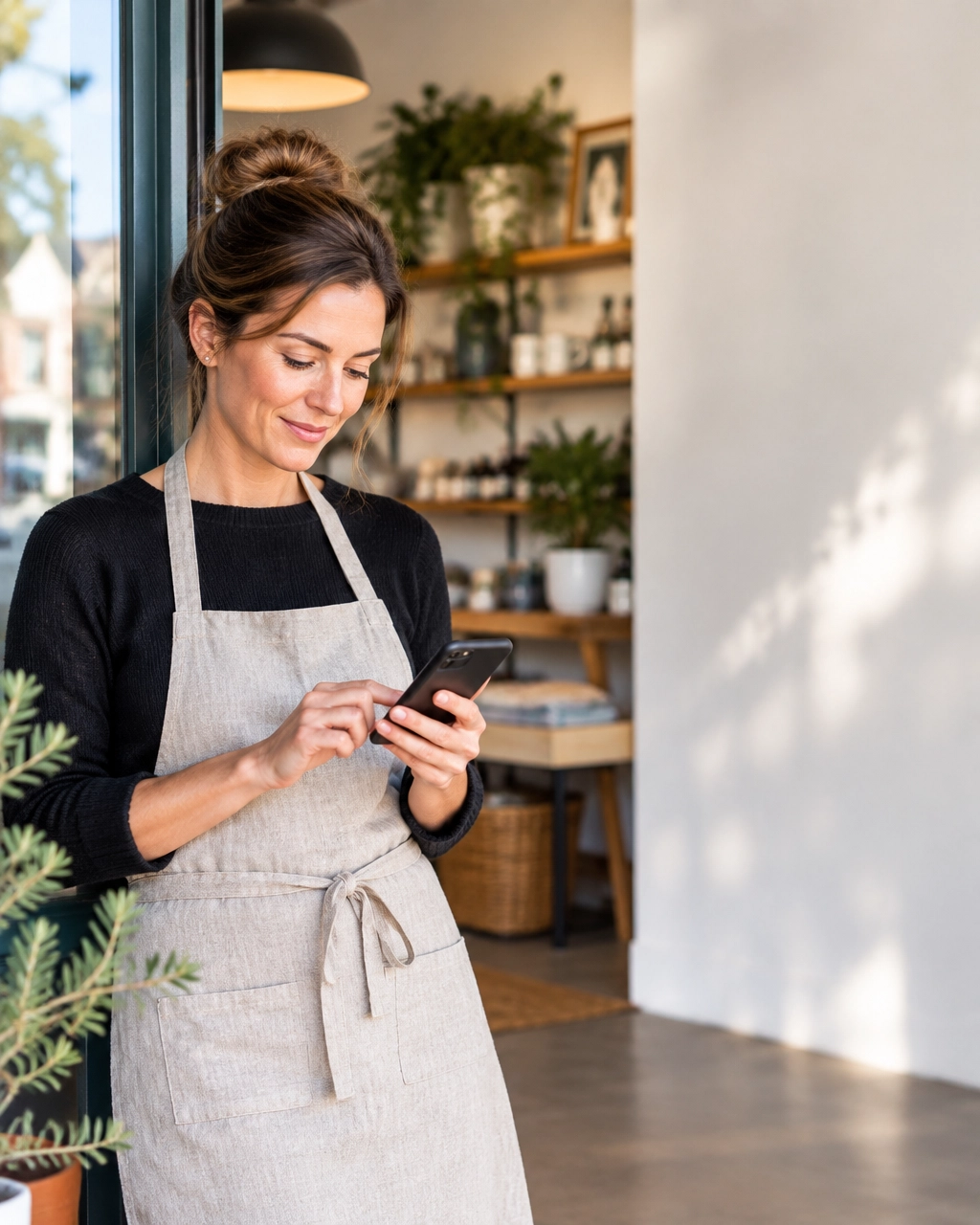 Local business owner reviewing business information on a smartphone inside a welcoming storefront