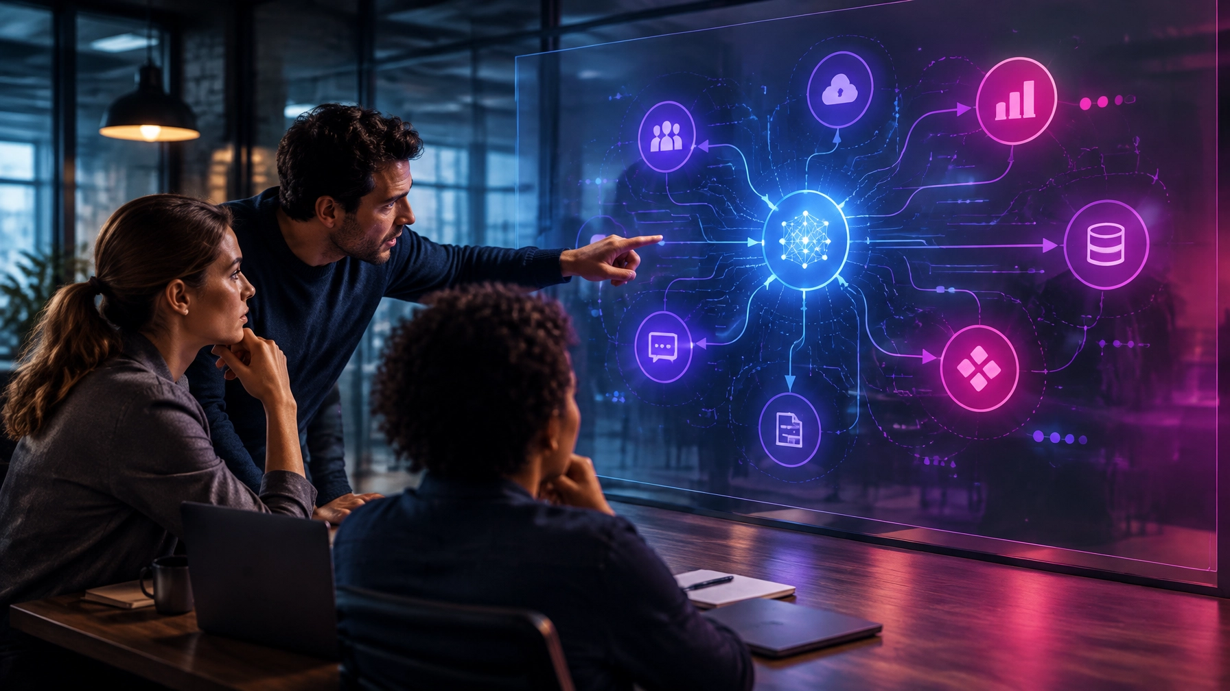 Small strategy team reviewing abstract connected systems and data pathways on a glass board