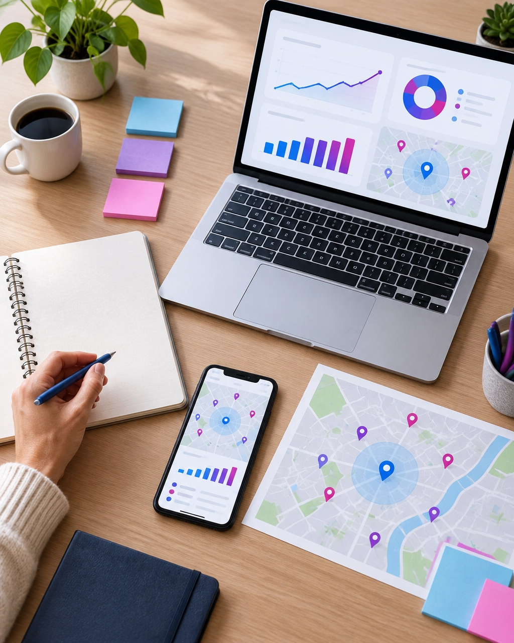 Organized workspace with laptop, smartphone, map materials, and an abstract local analytics dashboard