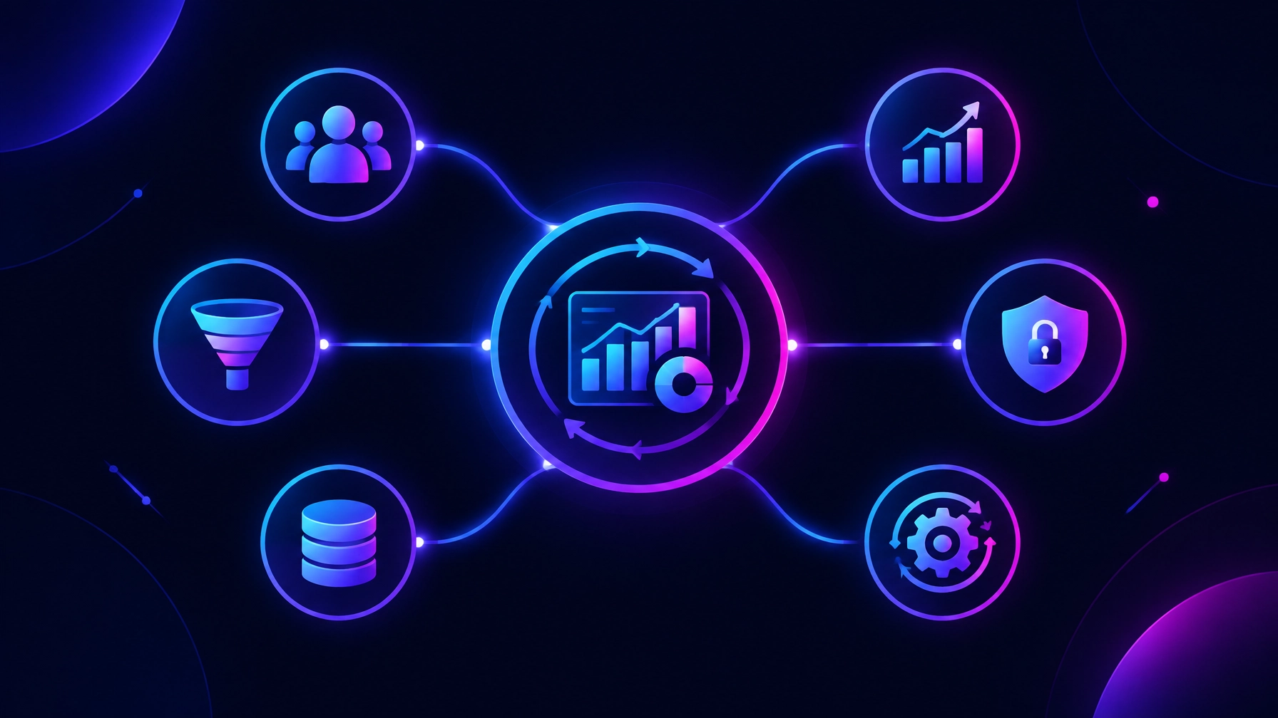 Original illustration of a reporting and optimization hub connecting data quality, pipeline, revenue, privacy, and ongoing improvement