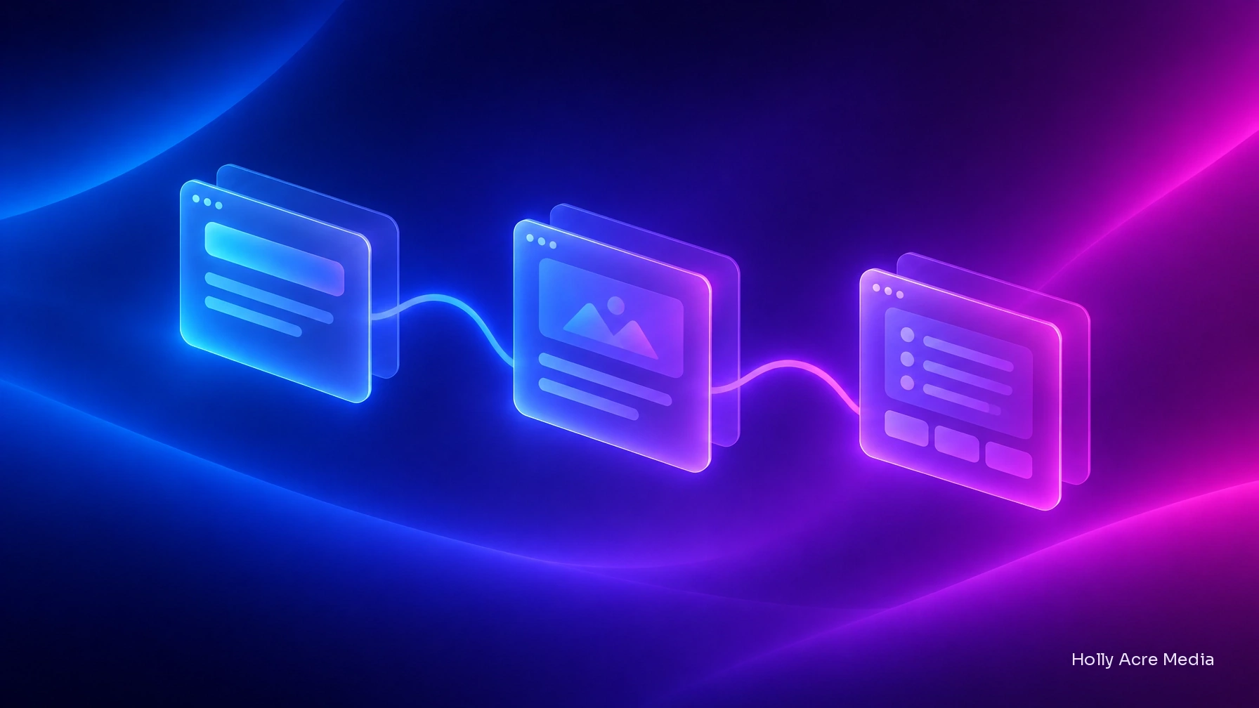 Three linked glass content cards represent a direct answer, supporting detail, and source context