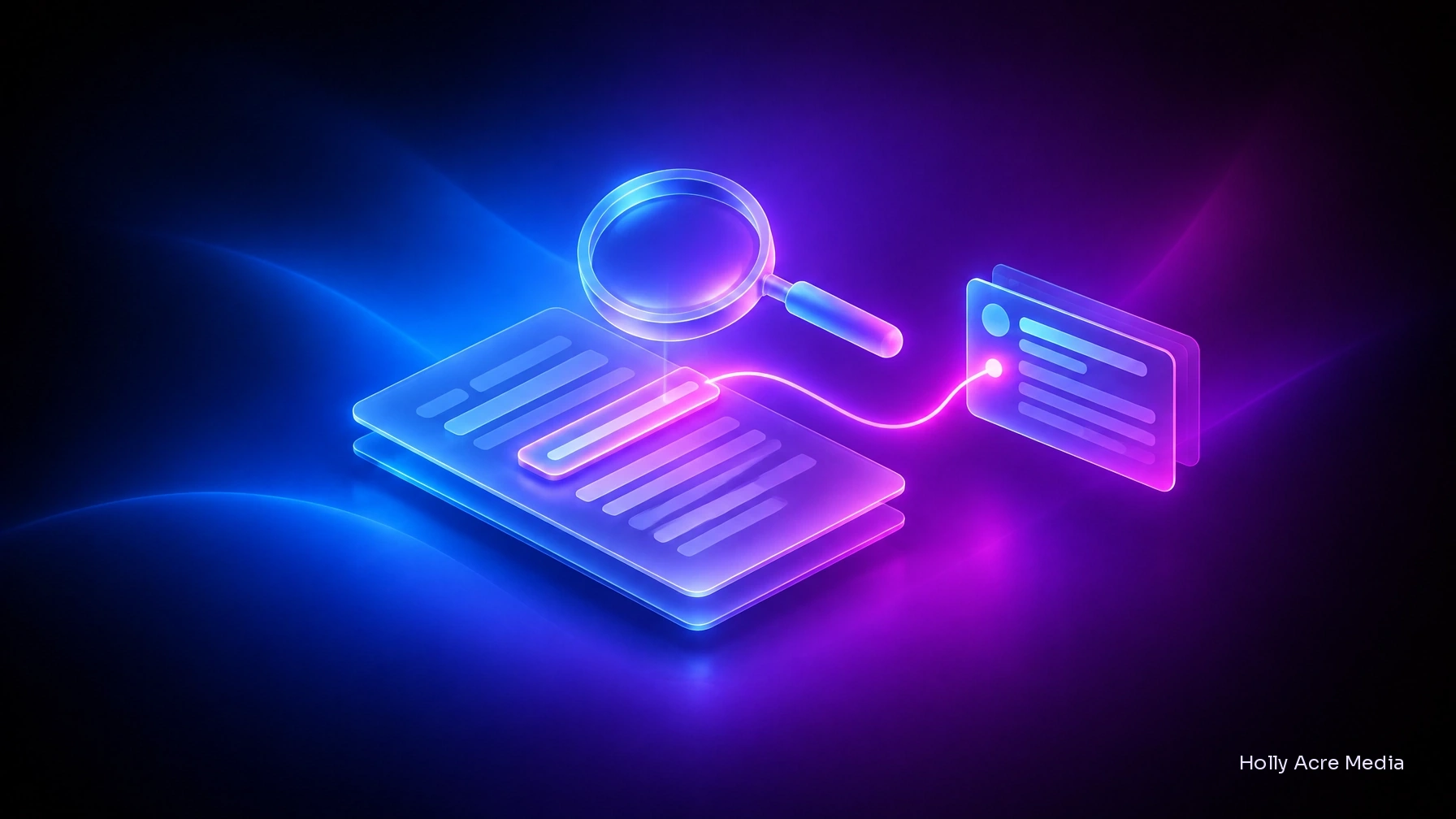 A magnifying lens highlights a verifiable claim in a document, connected to its source