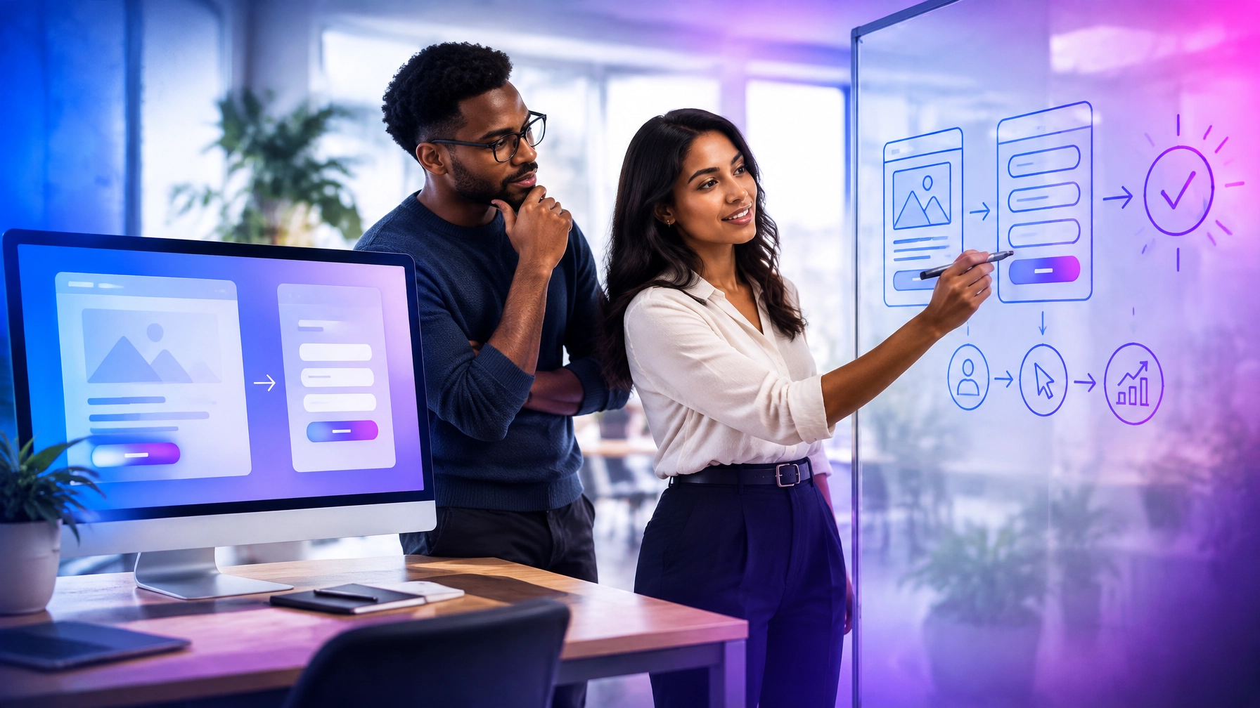 A professional team discussing an uncluttered website journey and conversion path on a screen