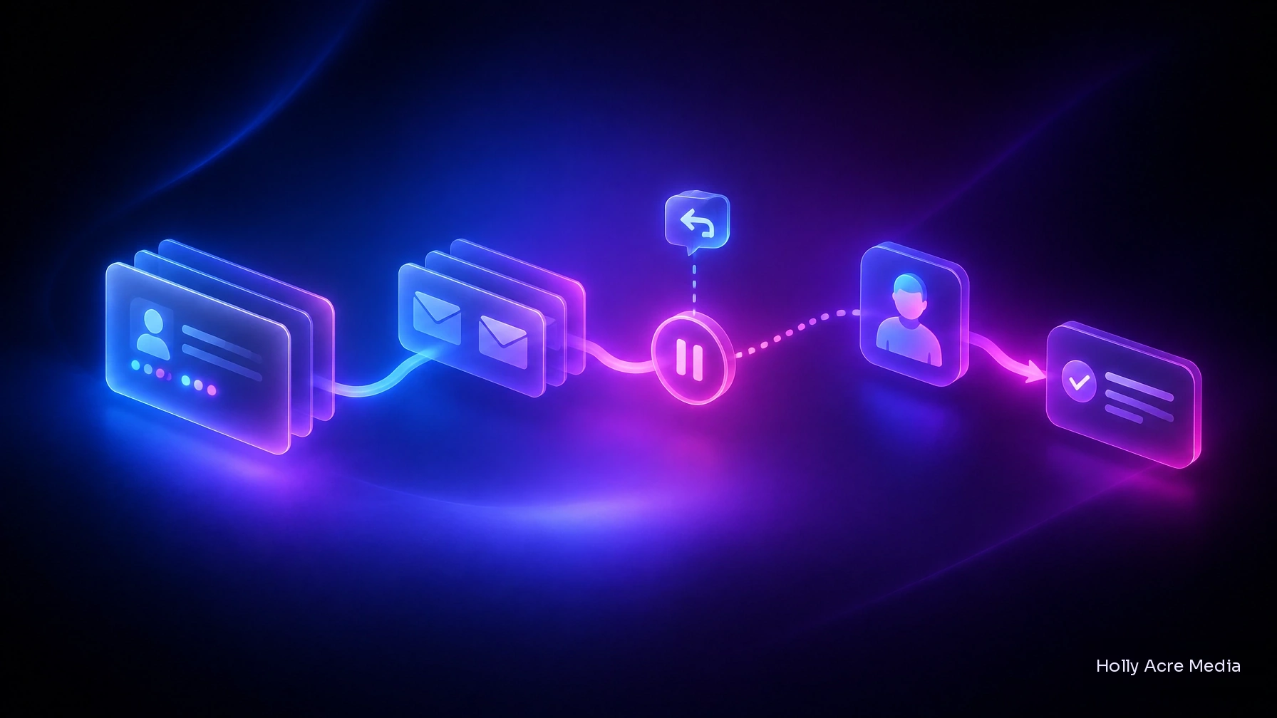 A CRM contact card connected to follow-up that pauses when a prospect replies