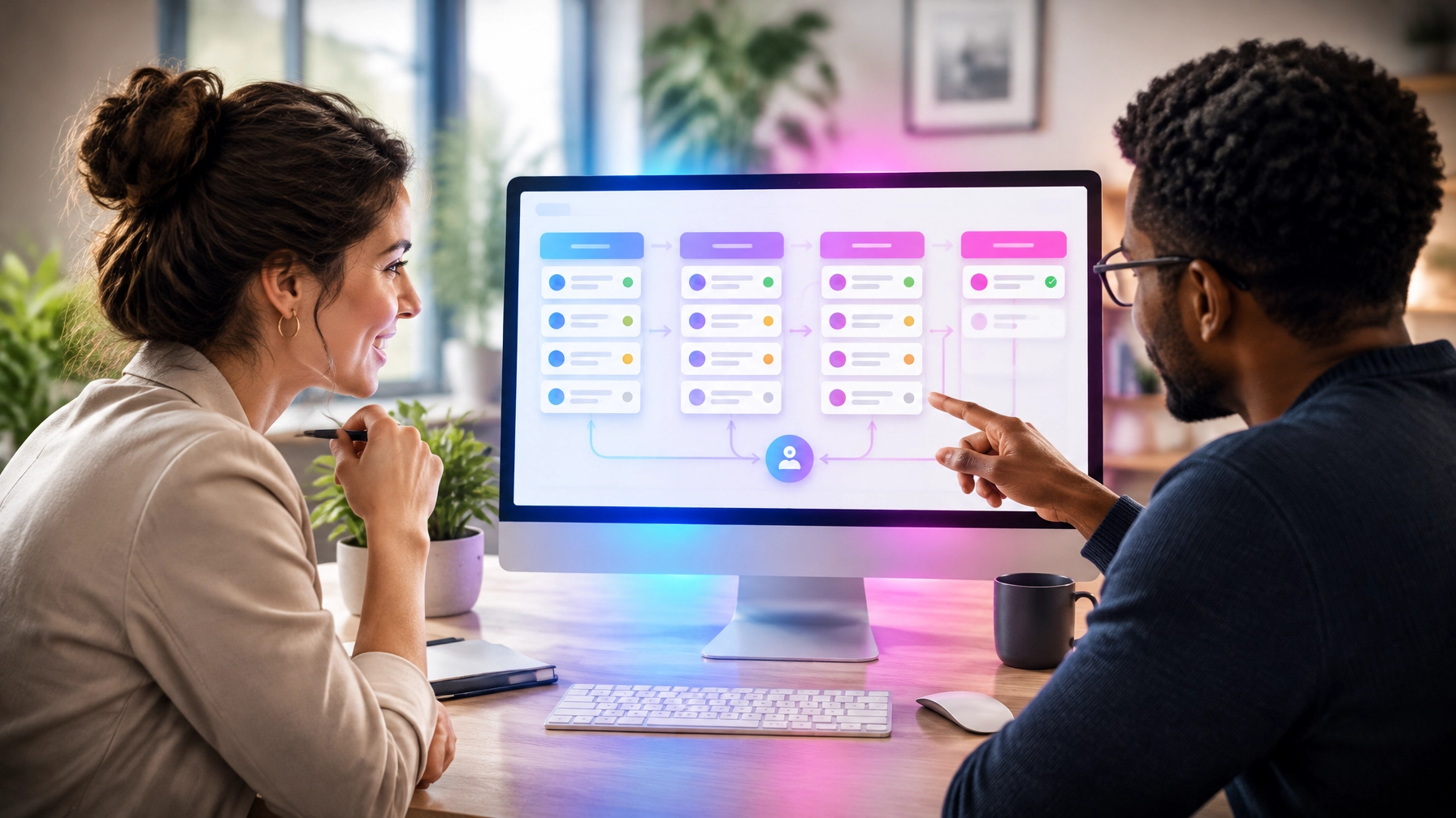 Sales and marketing colleagues reviewing an abstract CRM pipeline dashboard in a bright office