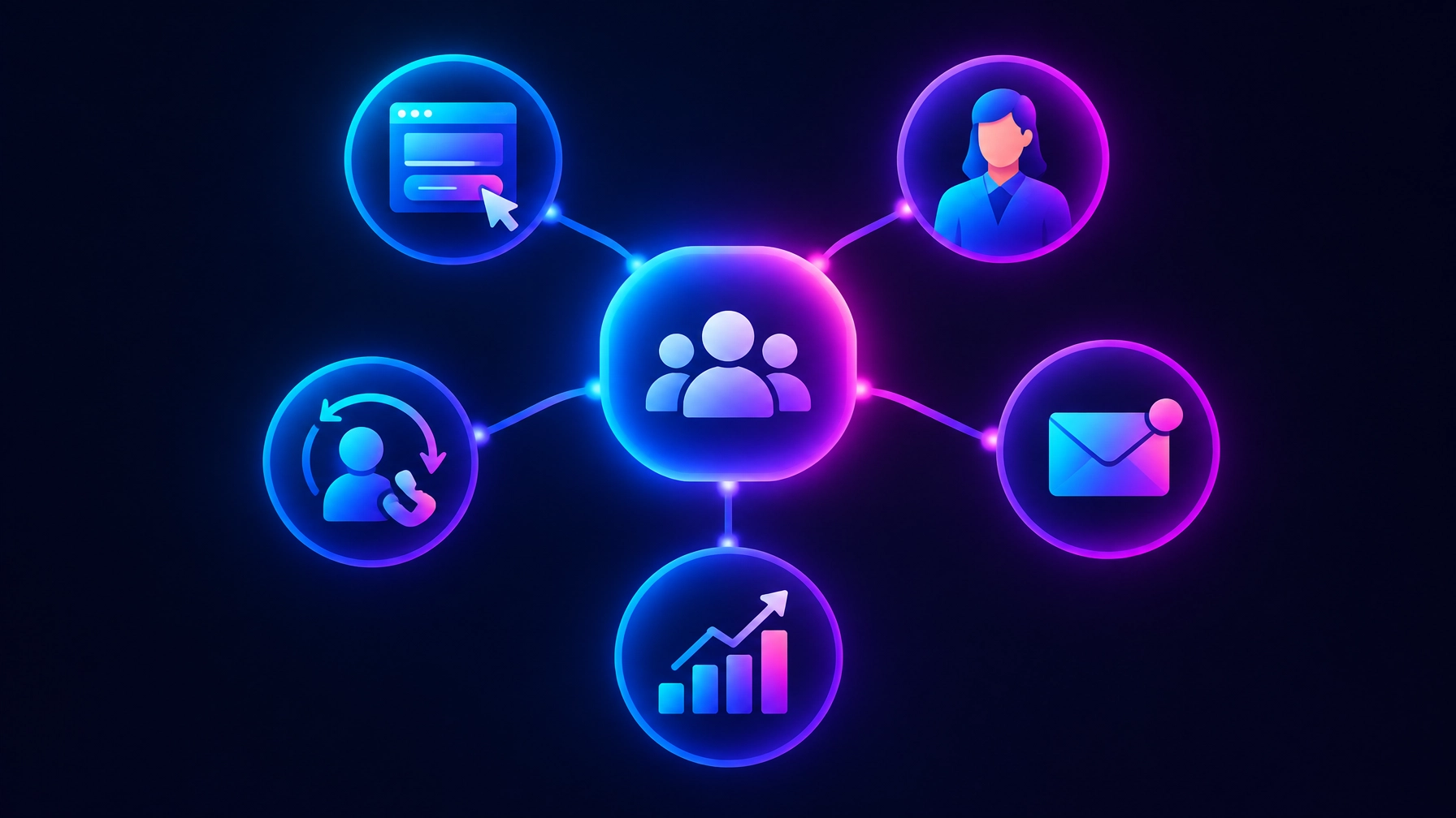 Original illustration of a central CRM hub connecting lead capture, ownership, nurture, sales, and reporting