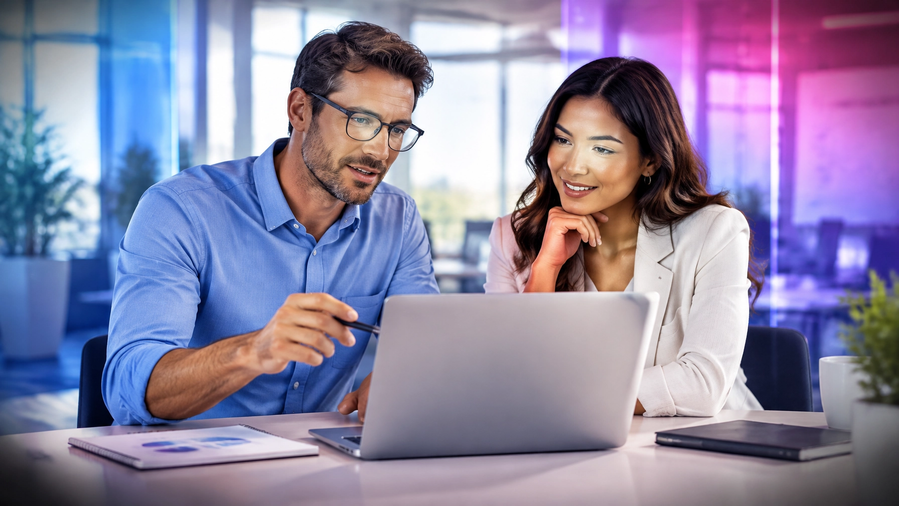 Two colleagues reviewing search and content planning in a bright, contemporary workspace