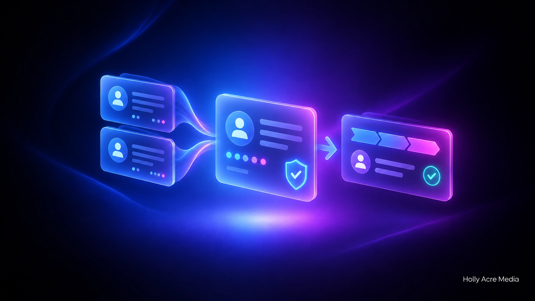 Two duplicate lead cards resolving into one CRM record with a clear owner and next action