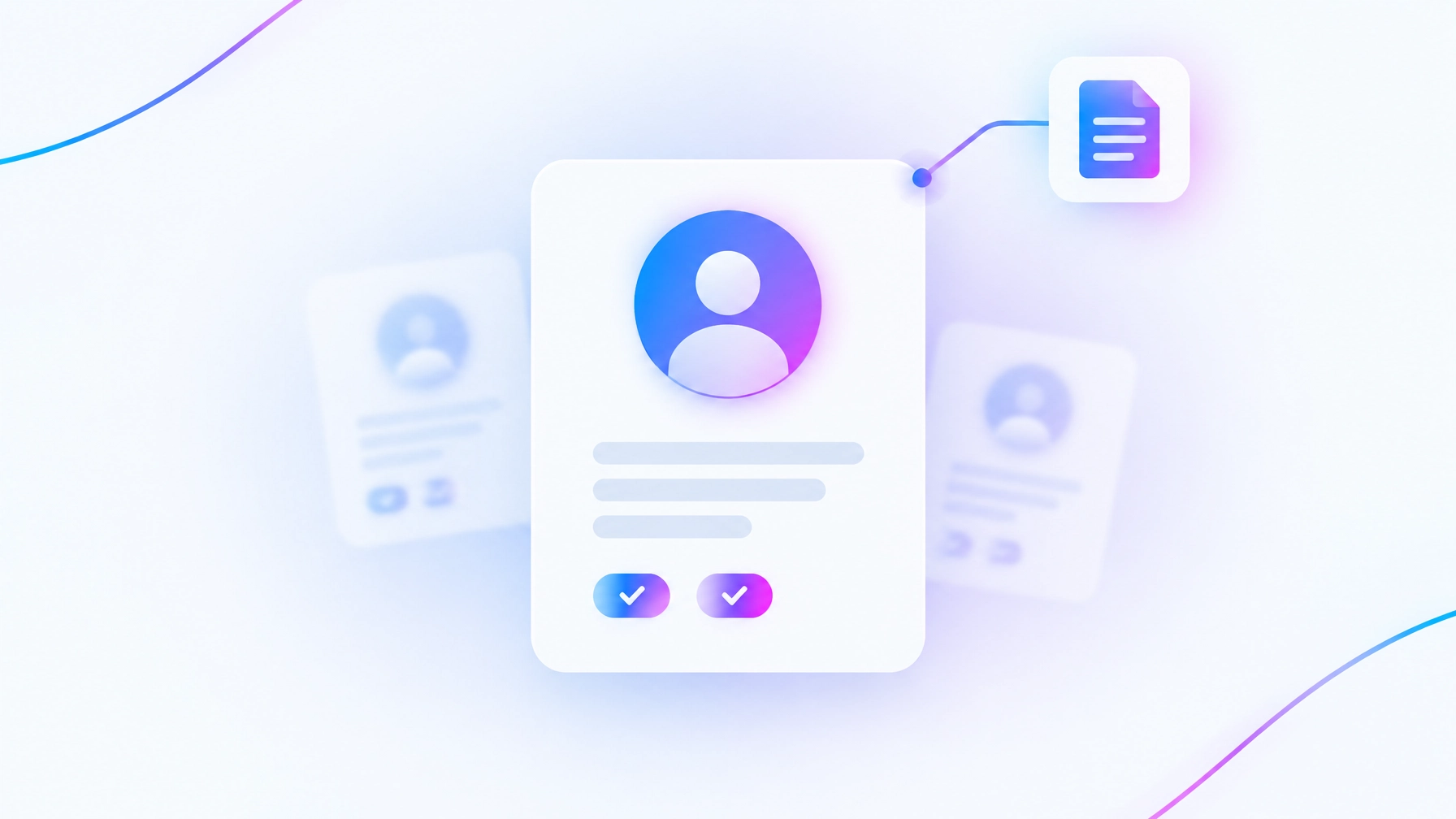 A clean vector illustration of a verified author profile card with a gradient avatar, biography bars, and credential badges, connected by a glowing line to a published document
