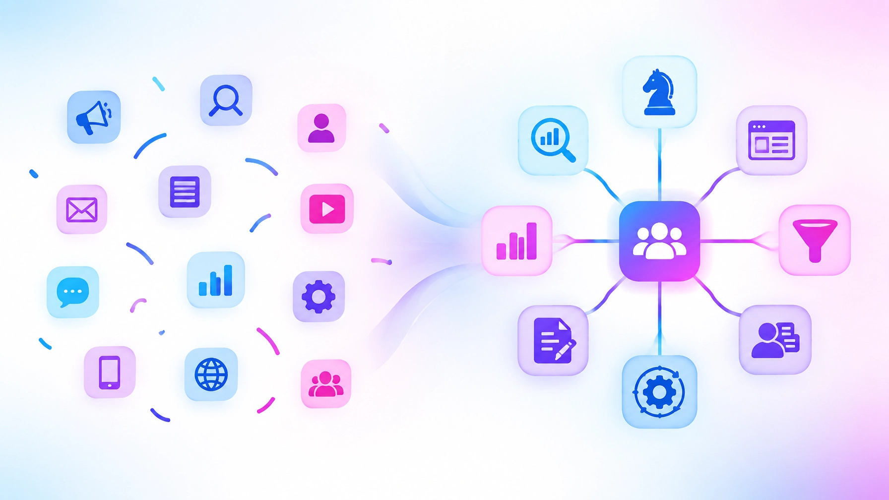Minimalist vector illustration contrasting scattered marketing channels with one connected marketing system