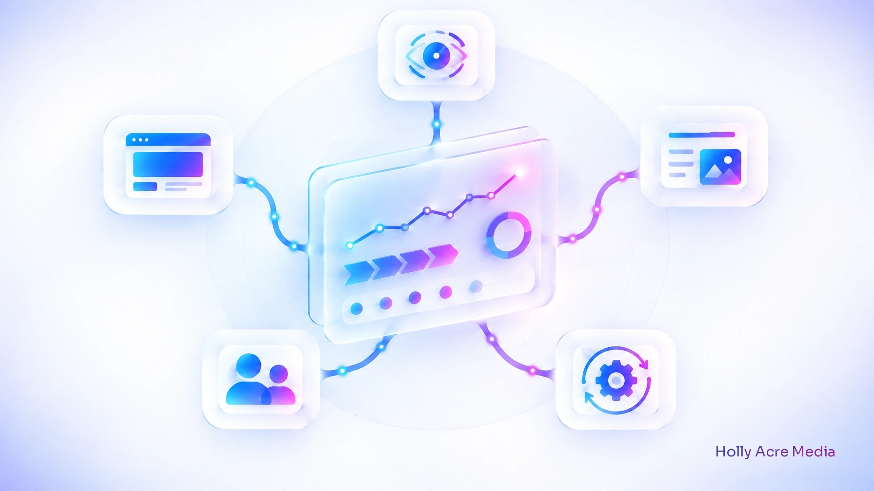 A single glass reporting dashboard connected to marketing and revenue system nodes